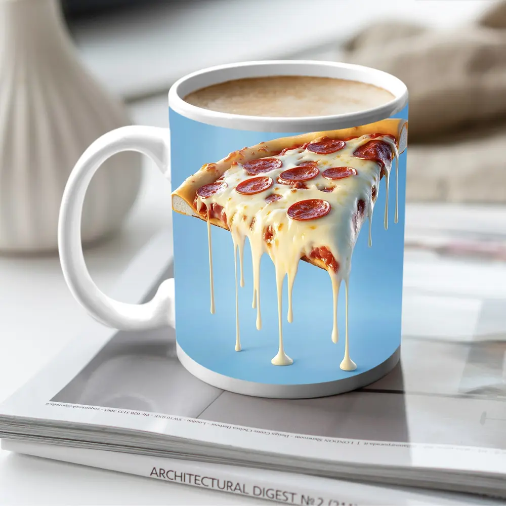 Cheesy Pepperoni Pizza Slice Blue Background – Mugs