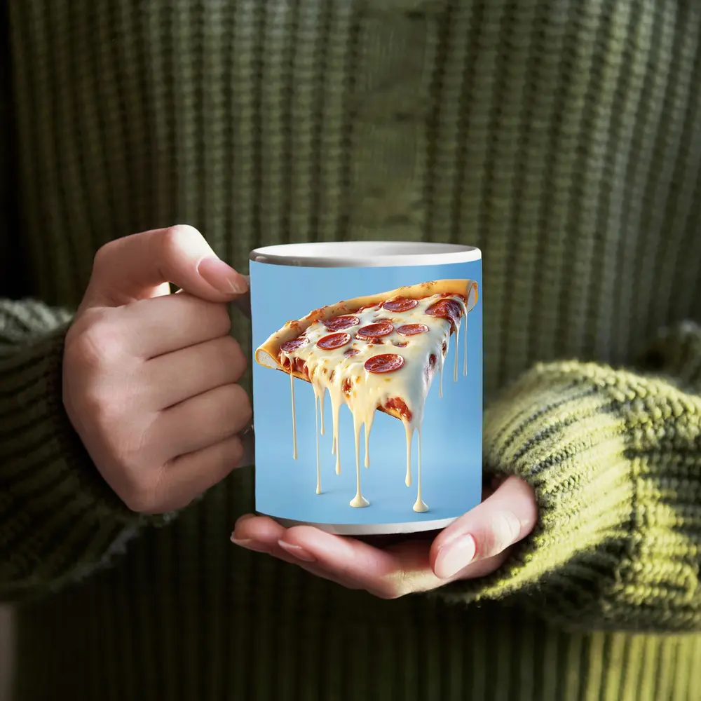 Cheesy Pepperoni Pizza Slice Blue Background – Mugs