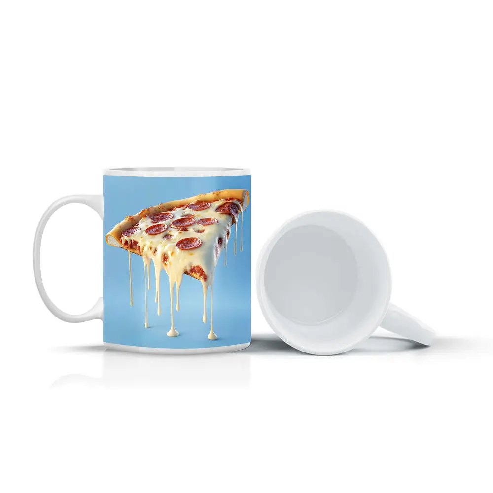 Cheesy Pepperoni Pizza Slice Blue Background – Mugs