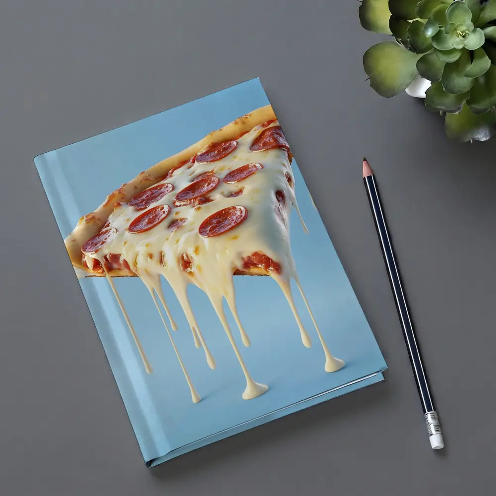 Cheesy Pepperoni Pizza Slice Blue Background – Notebooks