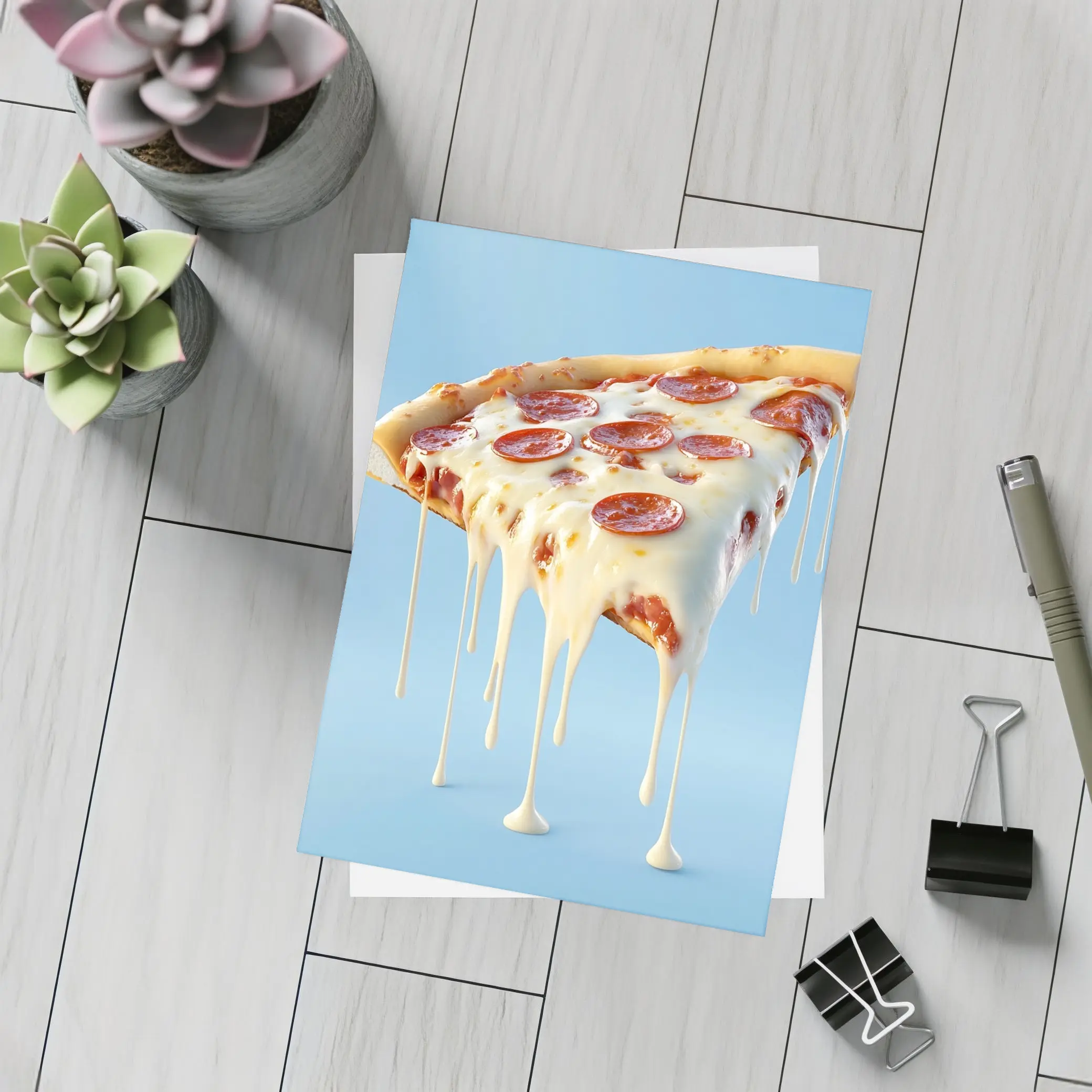 Cheesy Pepperoni Pizza Slice Blue Background – Postcards