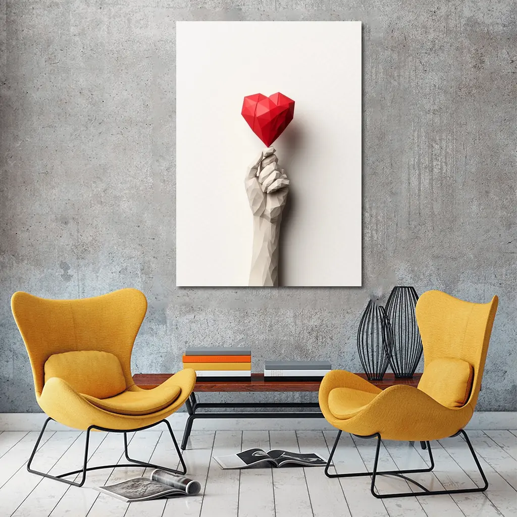 Low Poly Hand Holding Red Heart White – Wall Art