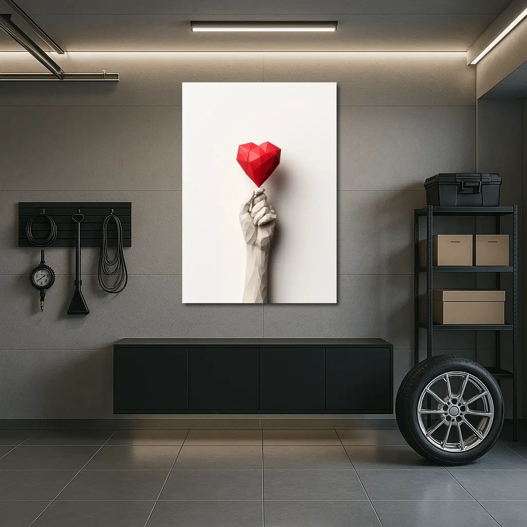 Low Poly Hand Holding Red Heart White – Wall Art