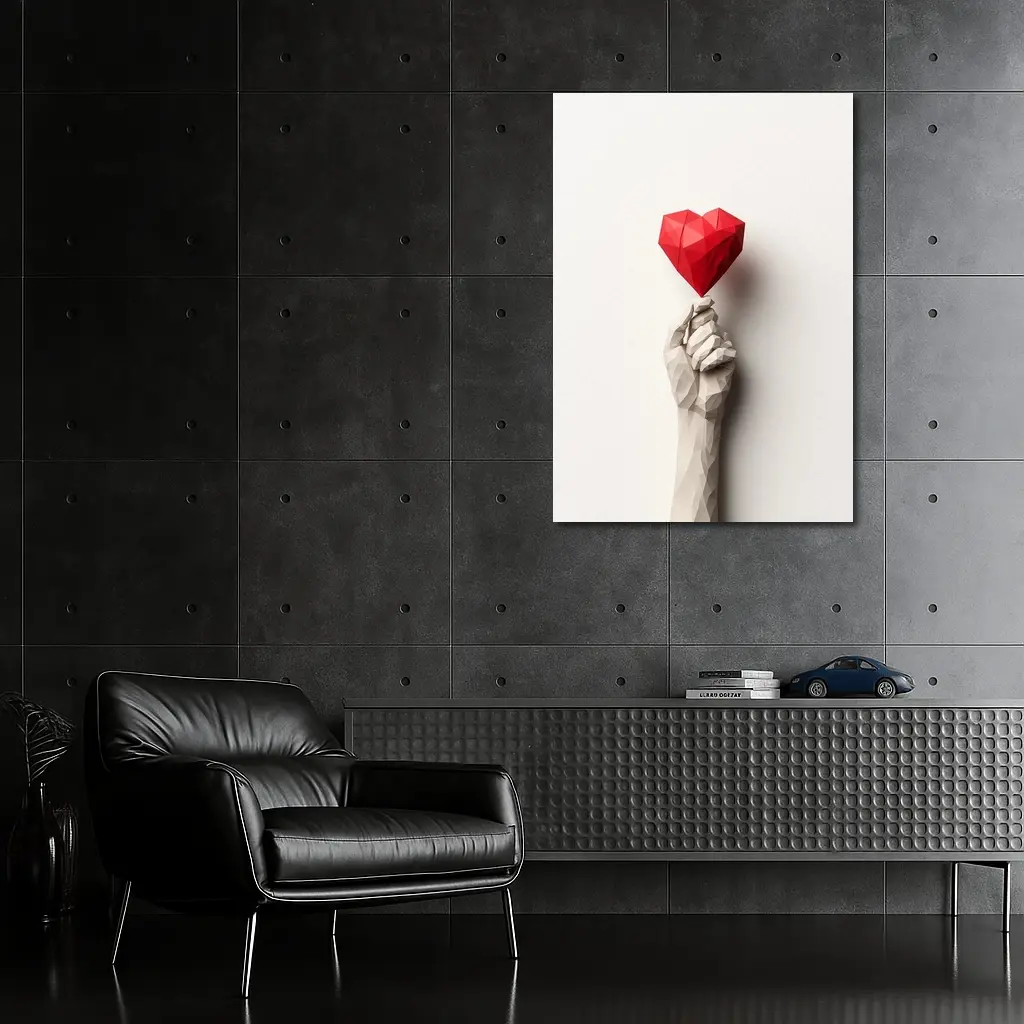 Low Poly Hand Holding Red Heart White – Wall Art