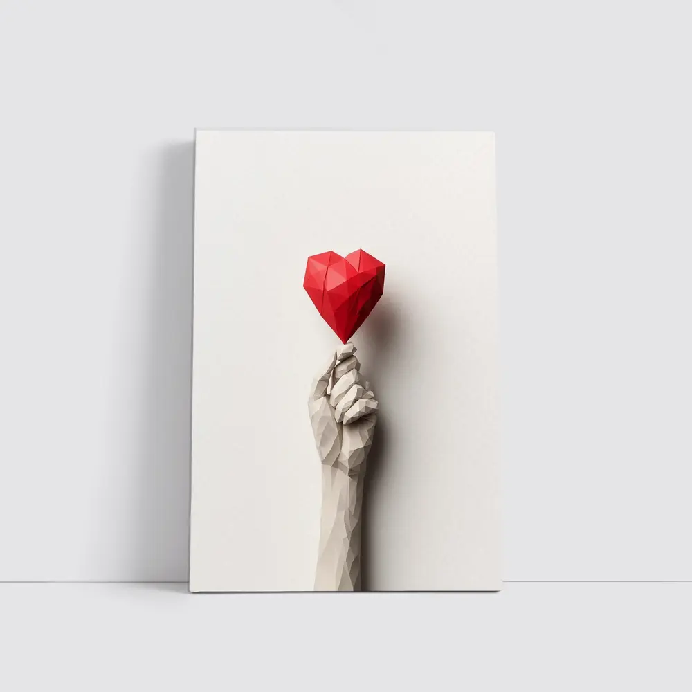 Low Poly Hand Holding Red Heart White – Wall Art