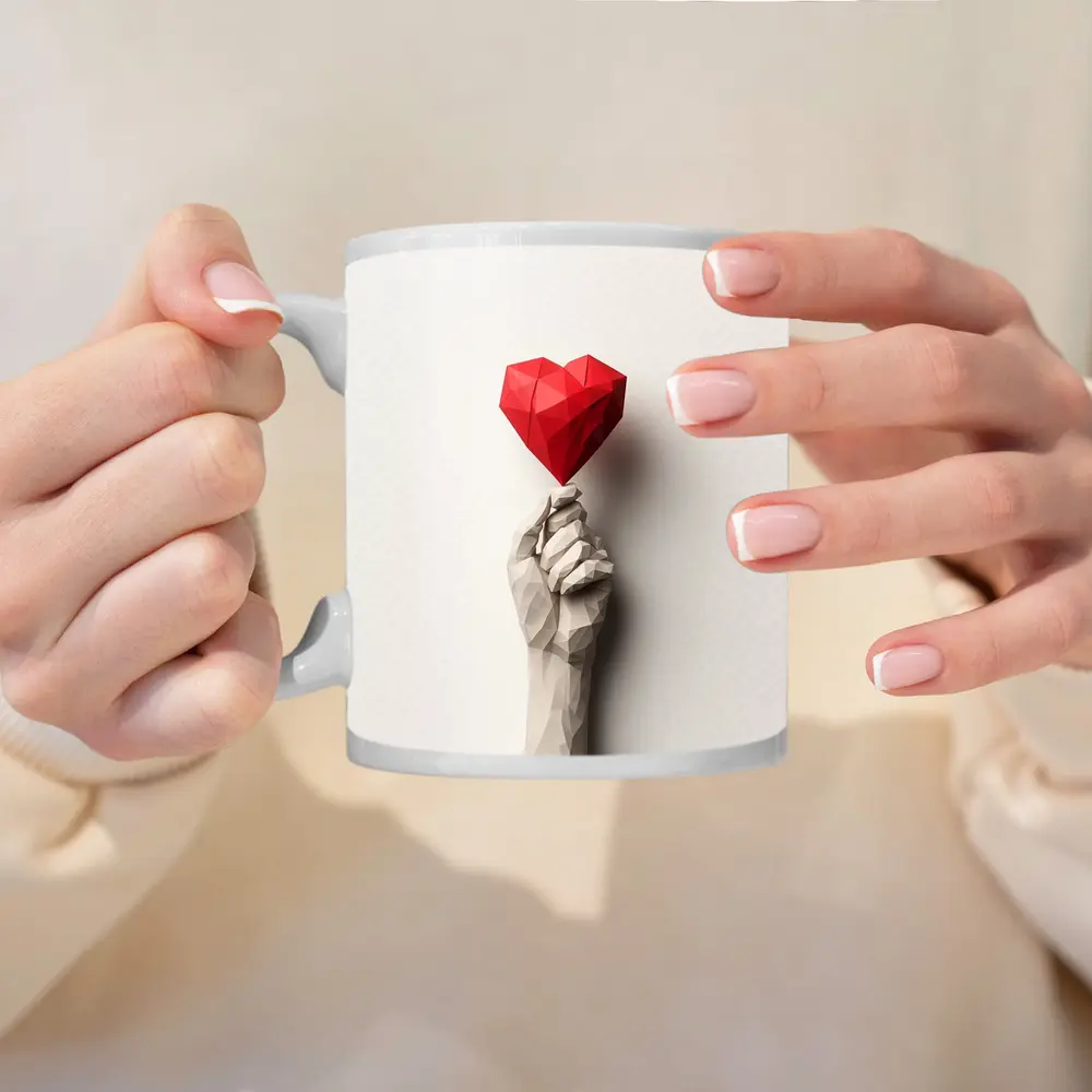 Low Poly Hand Holding Red Heart White – Mugs