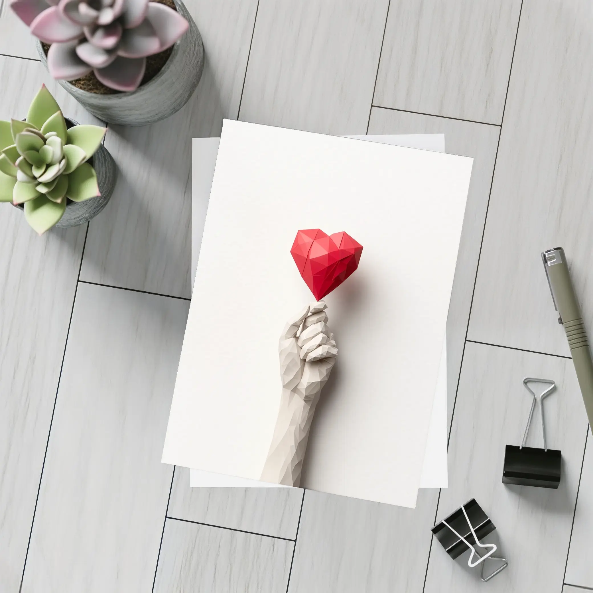 Low Poly Hand Holding Red Heart White – Postcards