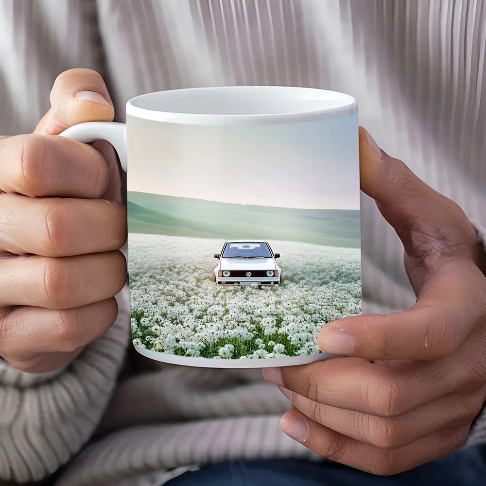 Volkswagen Golf White Flower Field Landscape – Mugs