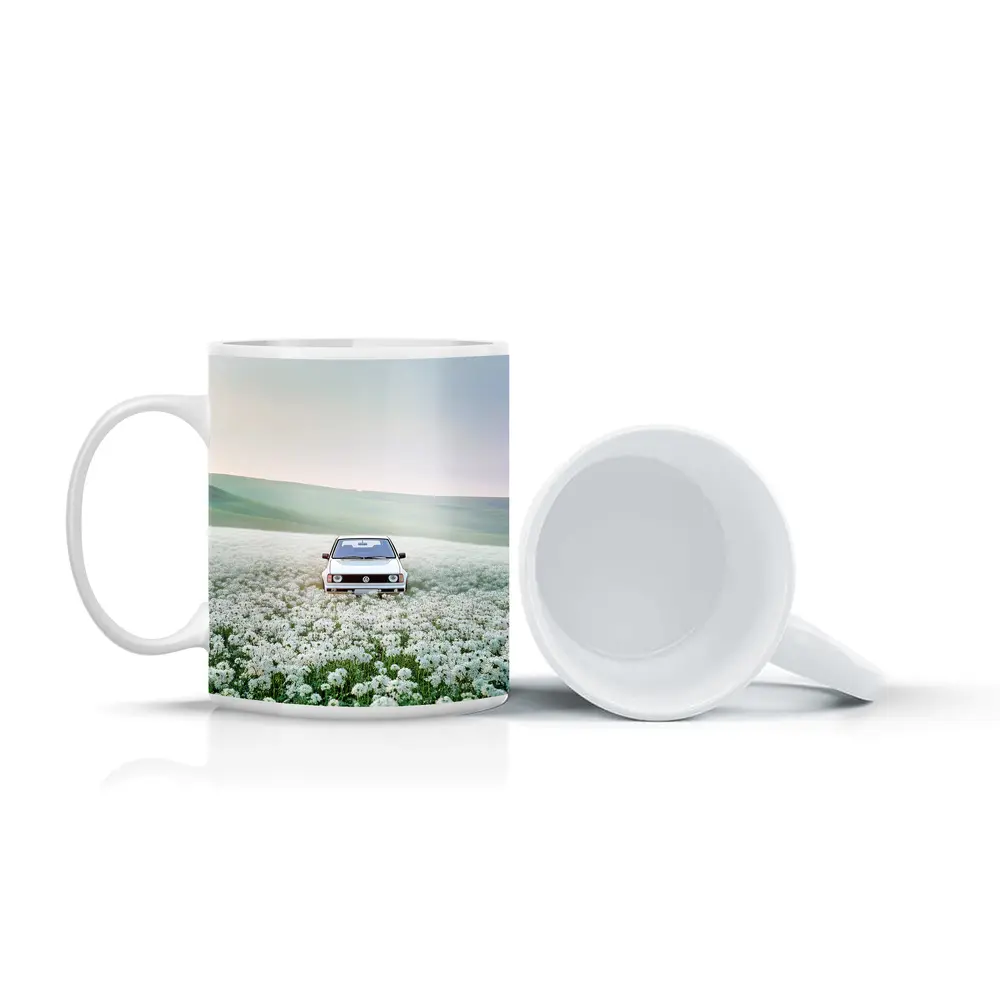 Volkswagen Golf White Flower Field Landscape – Mugs