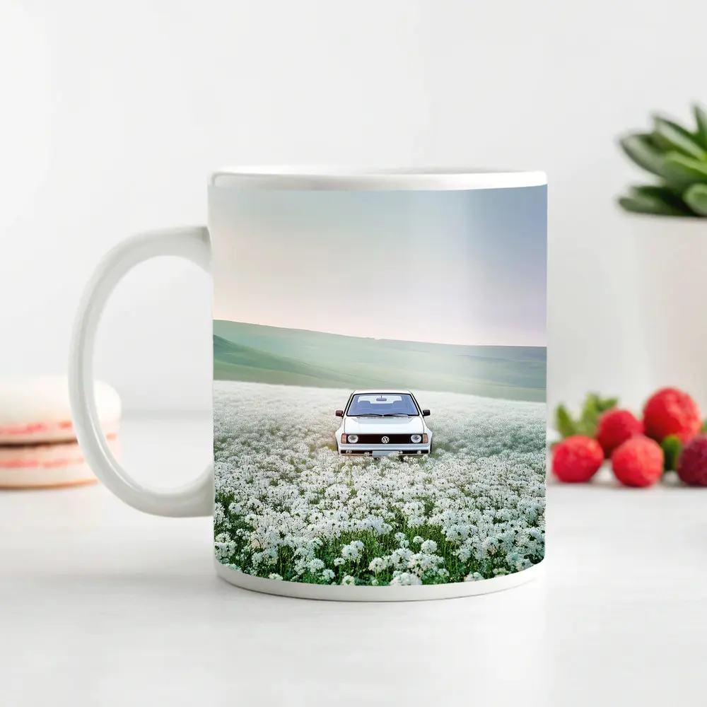 Volkswagen Golf White Flower Field Landscape – Mugs