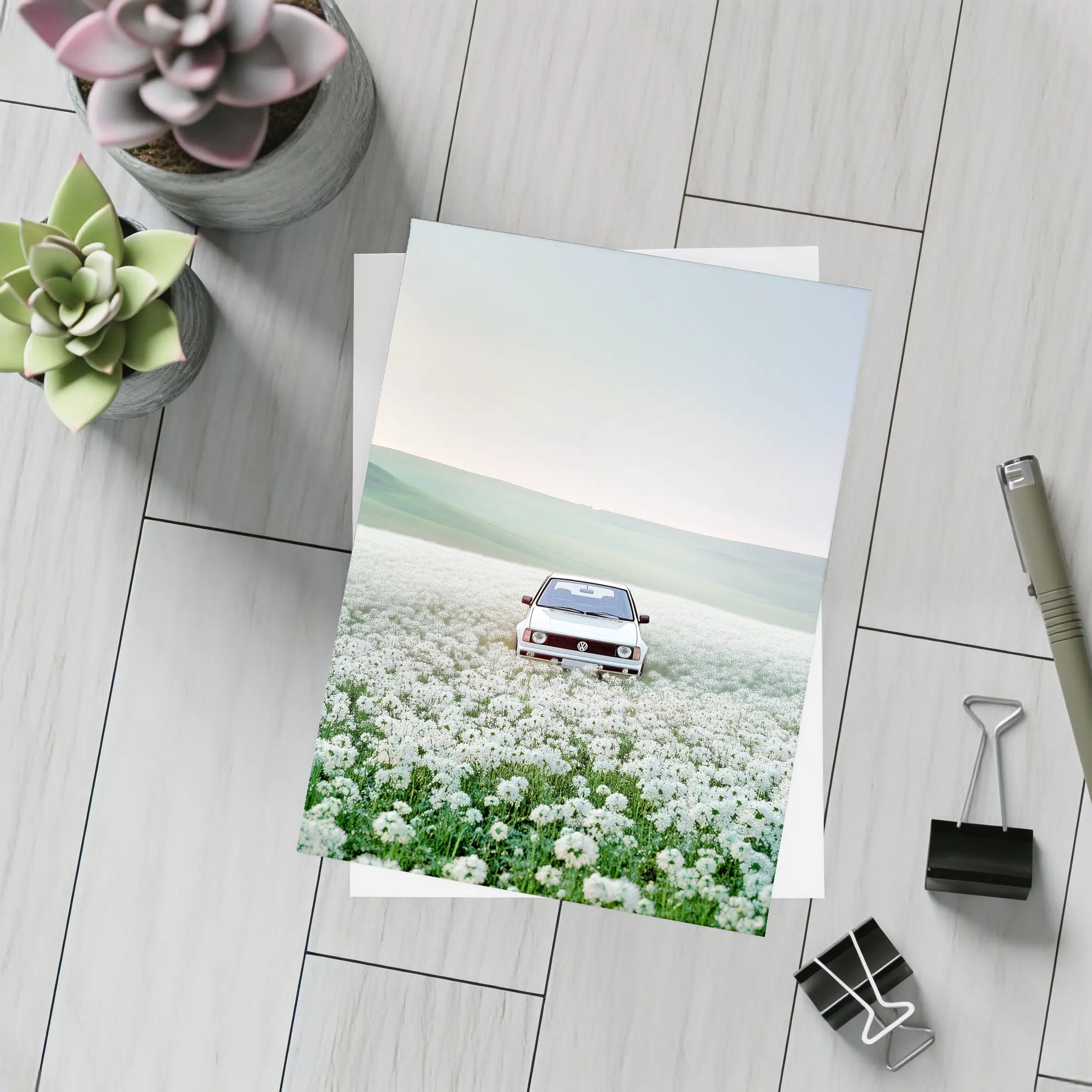 Volkswagen Golf White Flower Field Landscape – Postcards