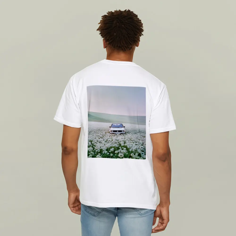 Volkswagen Golf White Flower Field Landscape – T-Shirts