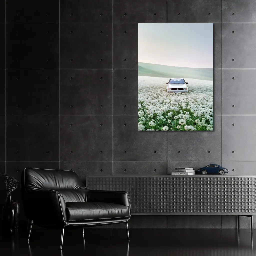 Volkswagen Golf White Flower Field Landscape – Wall Art