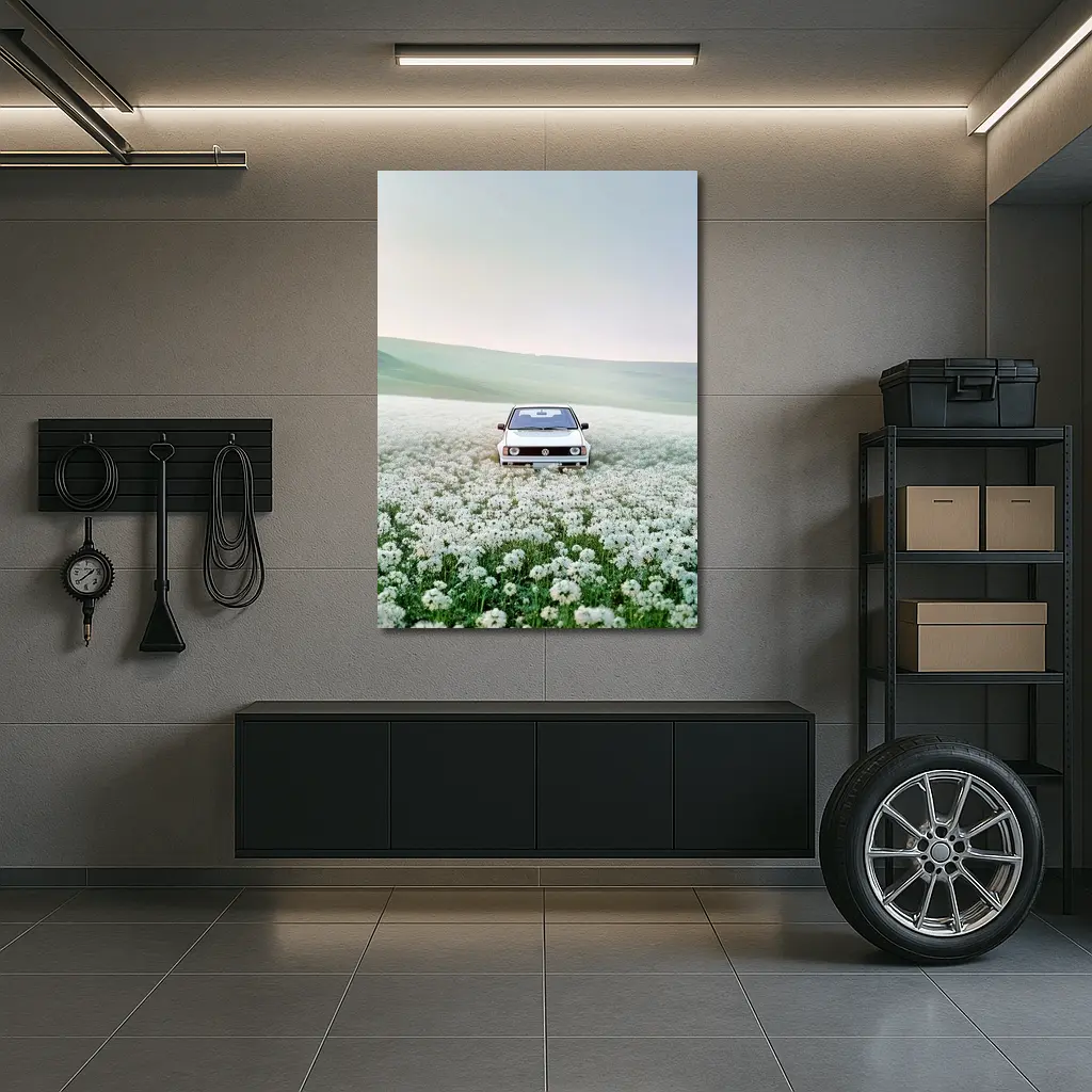 Volkswagen Golf White Flower Field Landscape – Wall Art