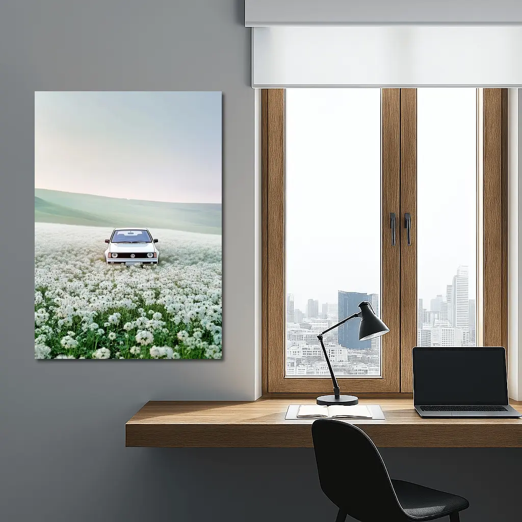 Volkswagen Golf White Flower Field Landscape – Wall Art