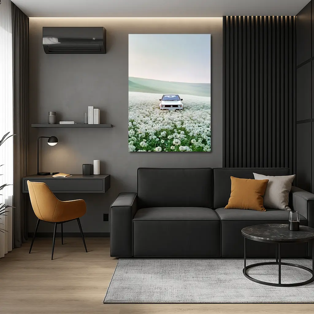 Volkswagen Golf White Flower Field Landscape – Wall Art