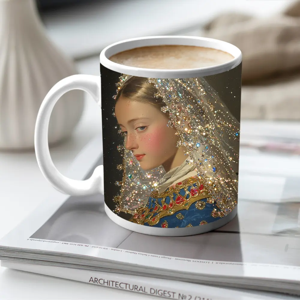 Renaissance Girl Jeweled Veil Portrait Art – Mugs