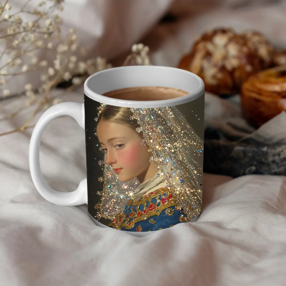 Renaissance Girl Jeweled Veil Portrait Art – Mugs