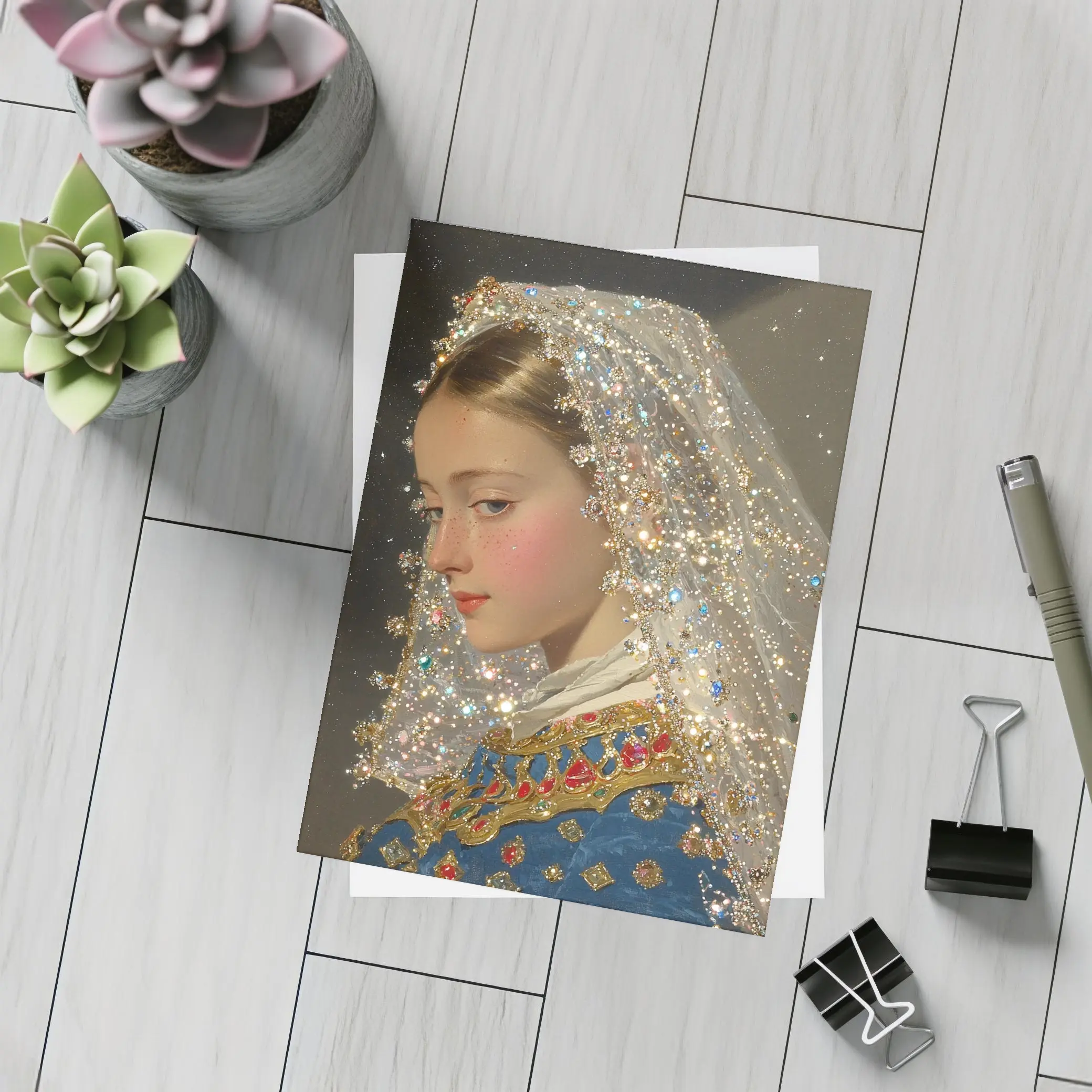 Renaissance Girl Jeweled Veil Portrait Art – Postcards