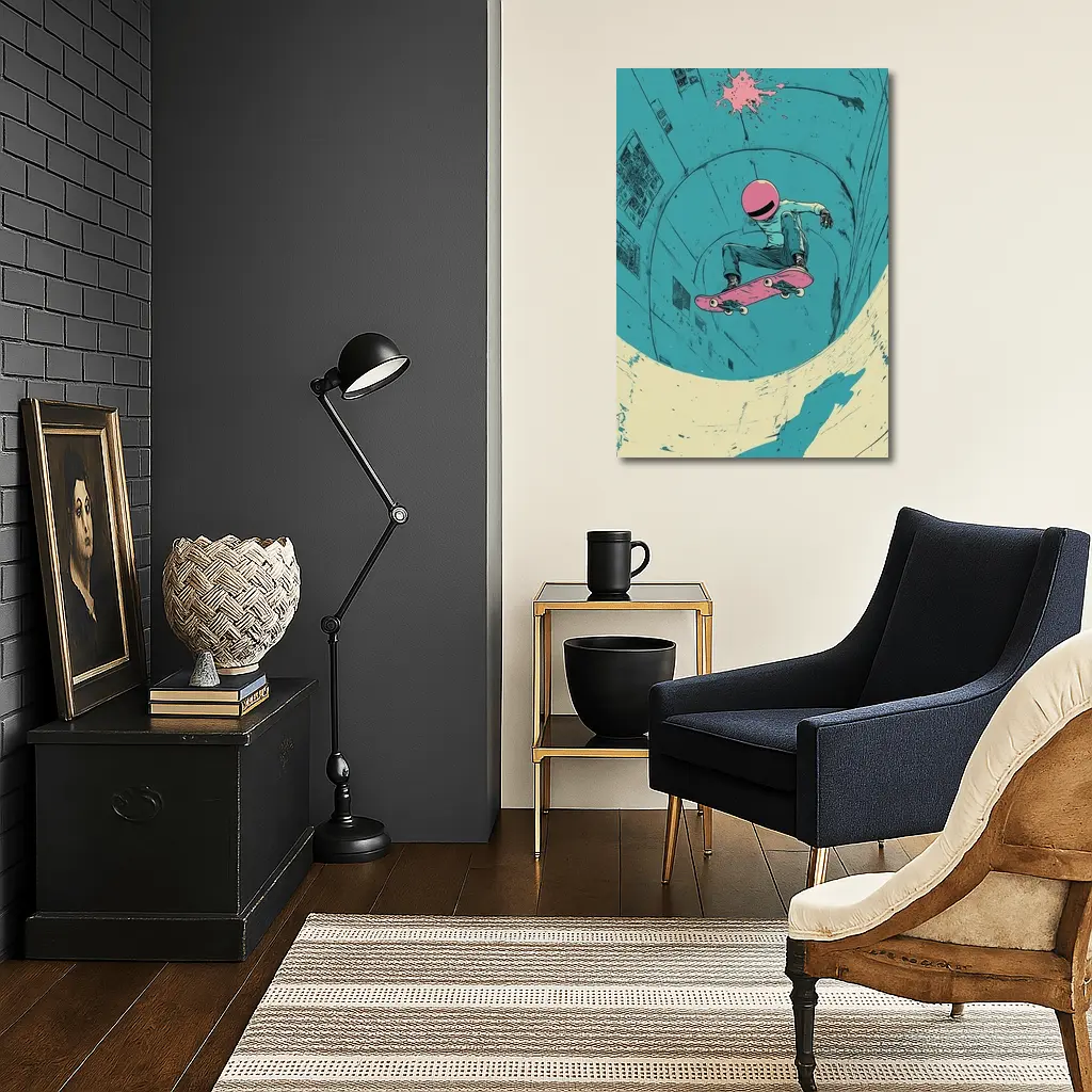 Skateboarder Doing Trick In Teal Bowl – Wall Art
