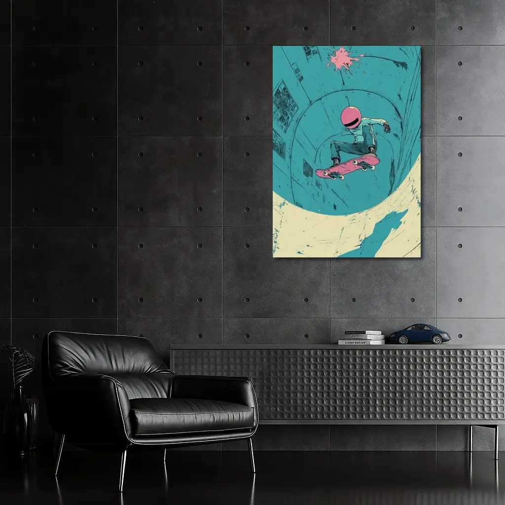 Skateboarder Doing Trick In Teal Bowl – Wall Art