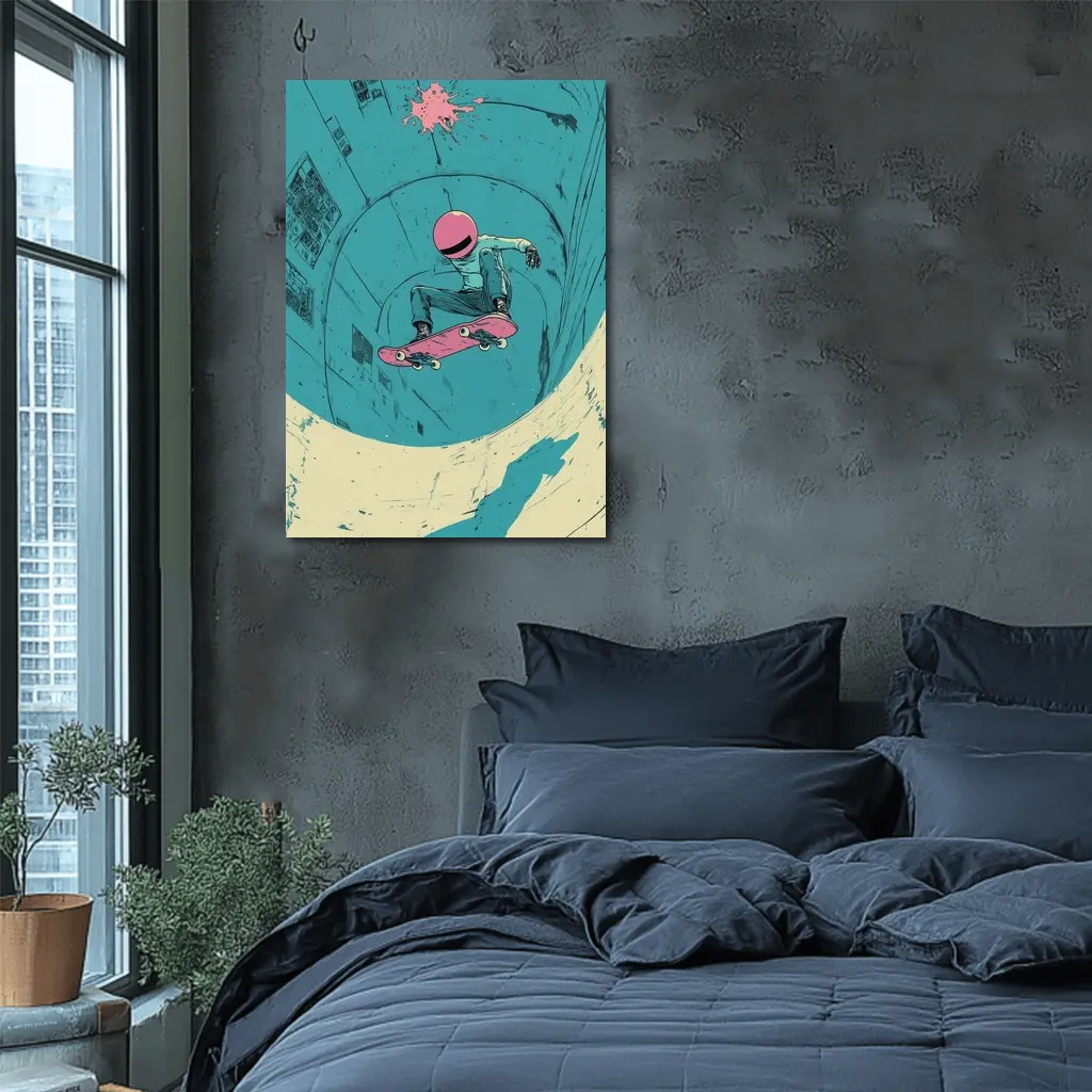 Skateboarder Doing Trick In Teal Bowl – Wall Art