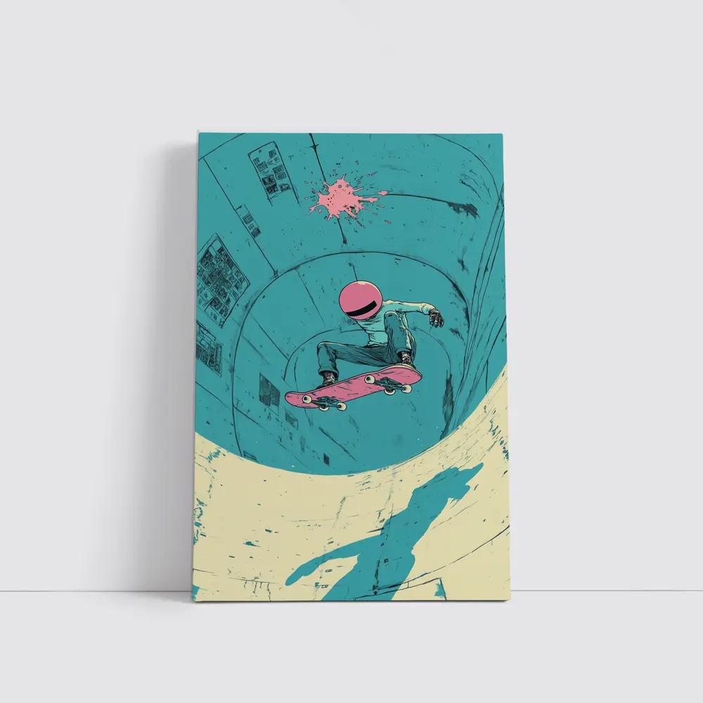 Skateboarder Doing Trick In Teal Bowl – Wall Art