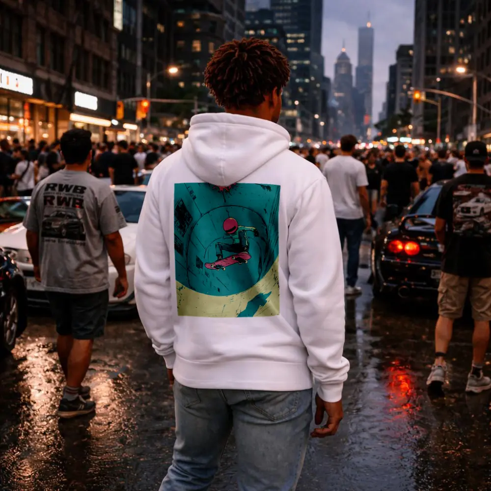 Skateboarder Doing Trick In Teal Bowl – Hoodies