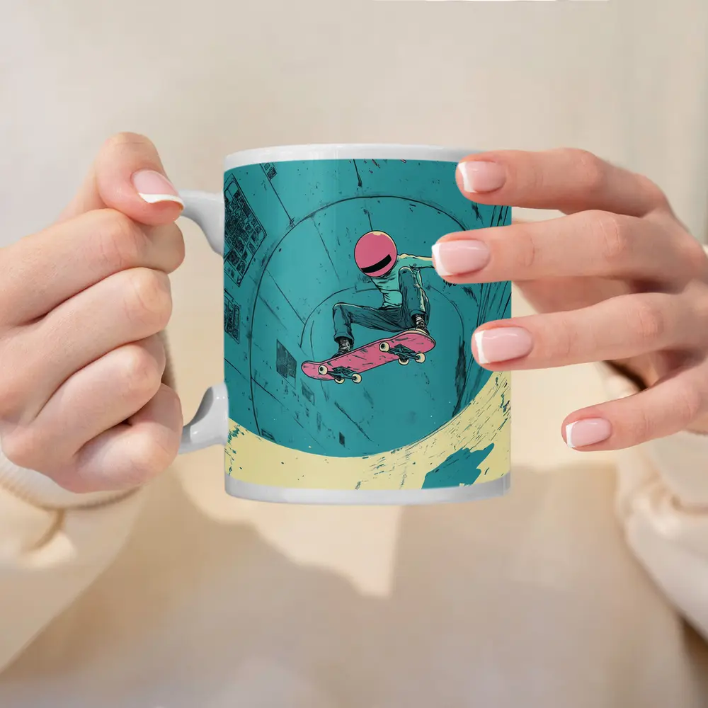 Skateboarder Doing Trick In Teal Bowl – Mugs