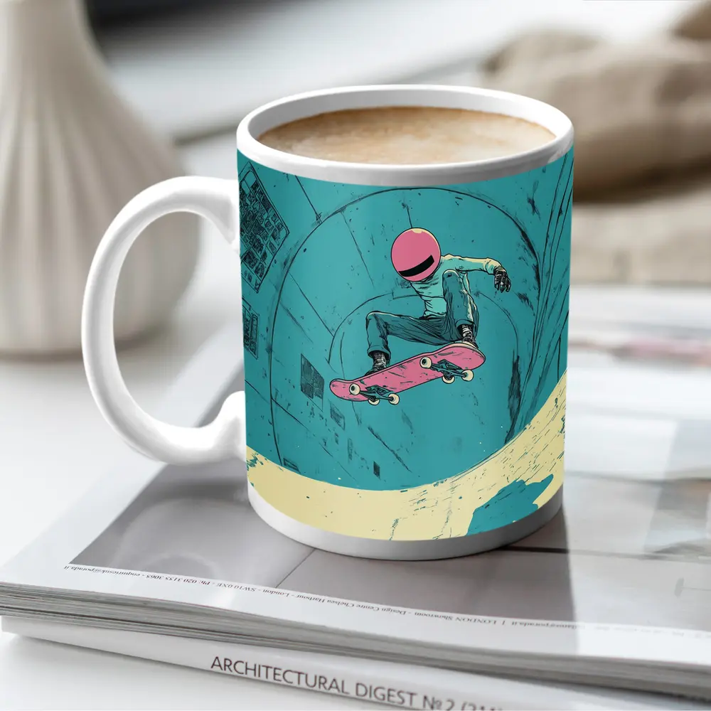 Skateboarder Doing Trick In Teal Bowl – Mugs