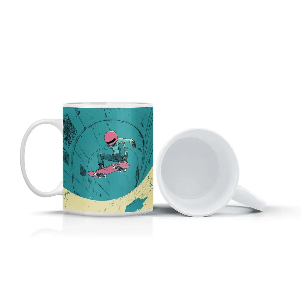 Skateboarder Doing Trick In Teal Bowl – Mugs