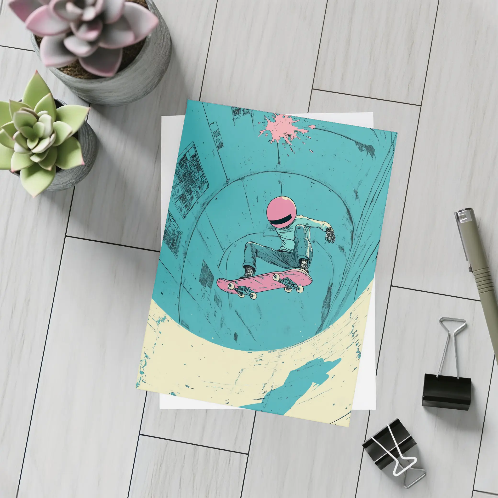 Skateboarder Doing Trick In Teal Bowl – Postcards
