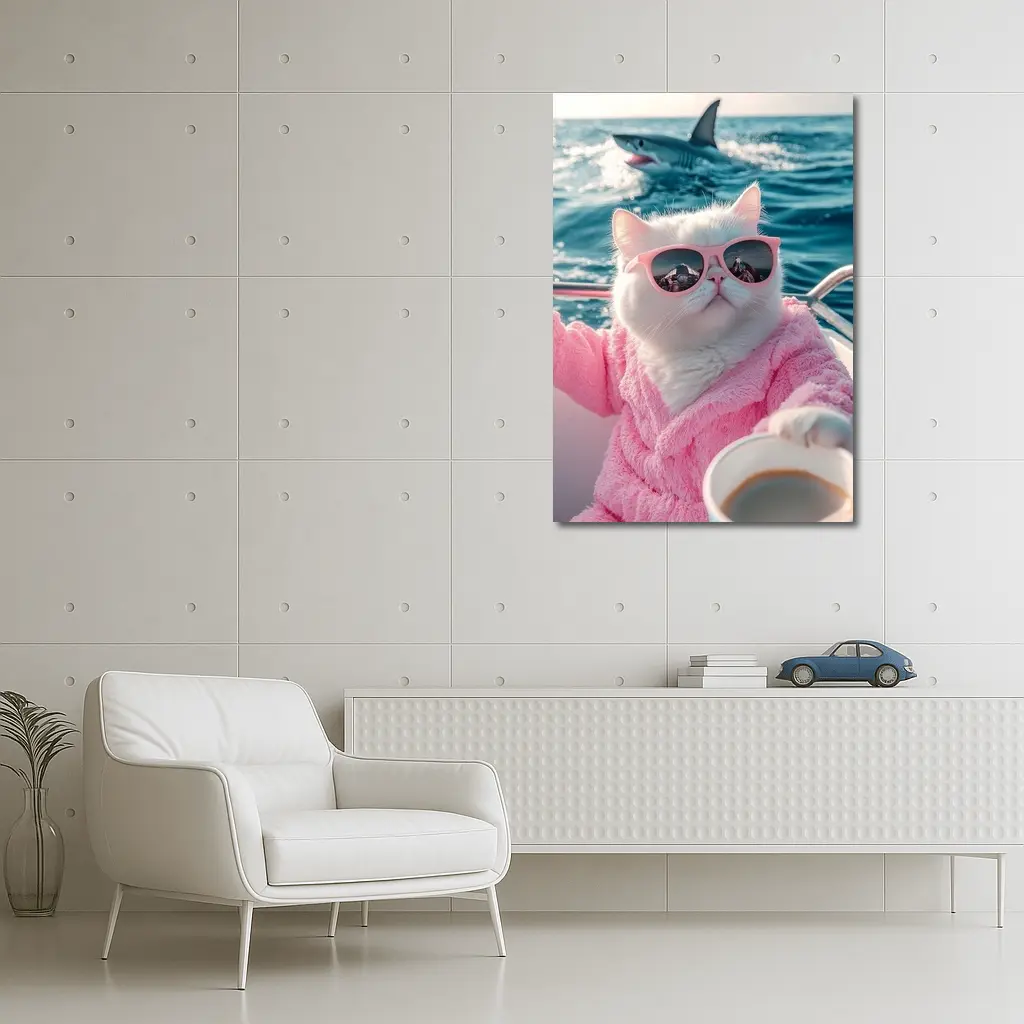 White Cat Pink Robe Sunglasses Ocean Shark – Wall Art
