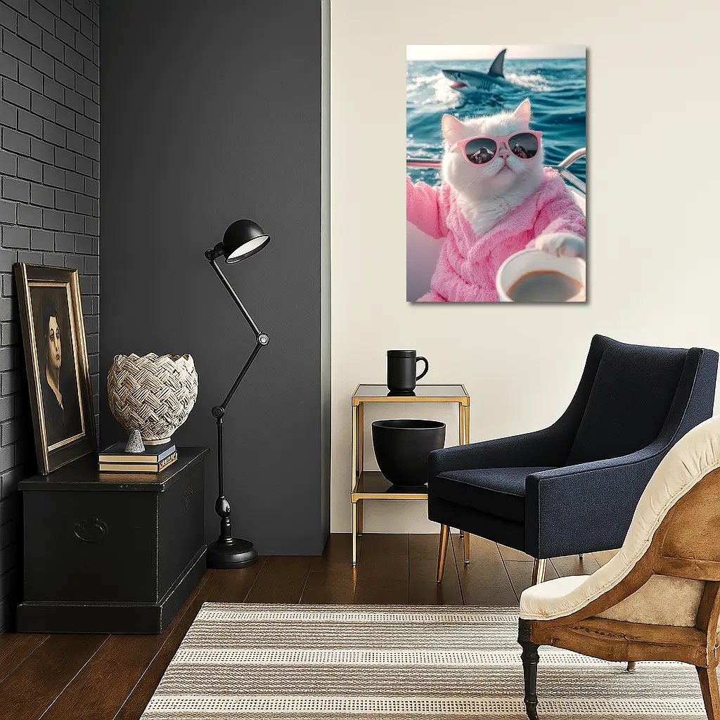 White Cat Pink Robe Sunglasses Ocean Shark – Wall Art