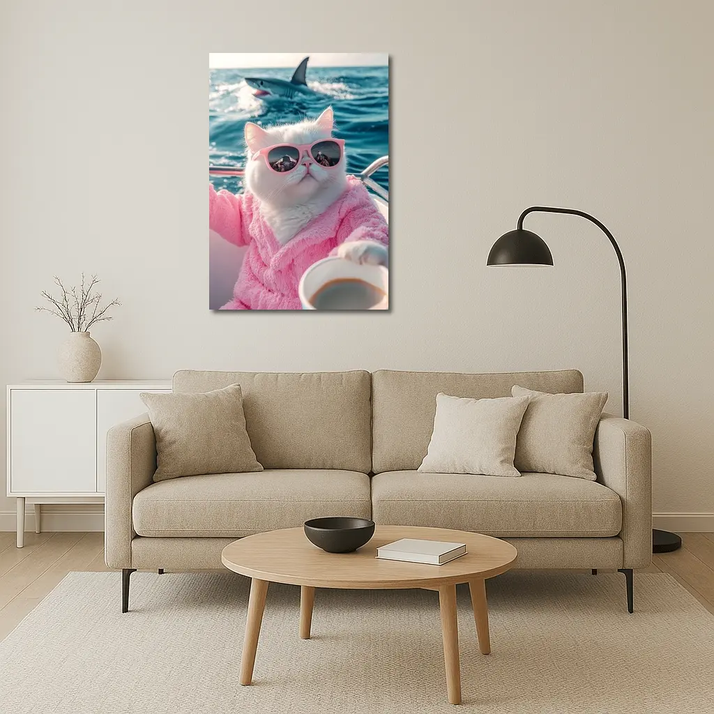 White Cat Pink Robe Sunglasses Ocean Shark – Wall Art