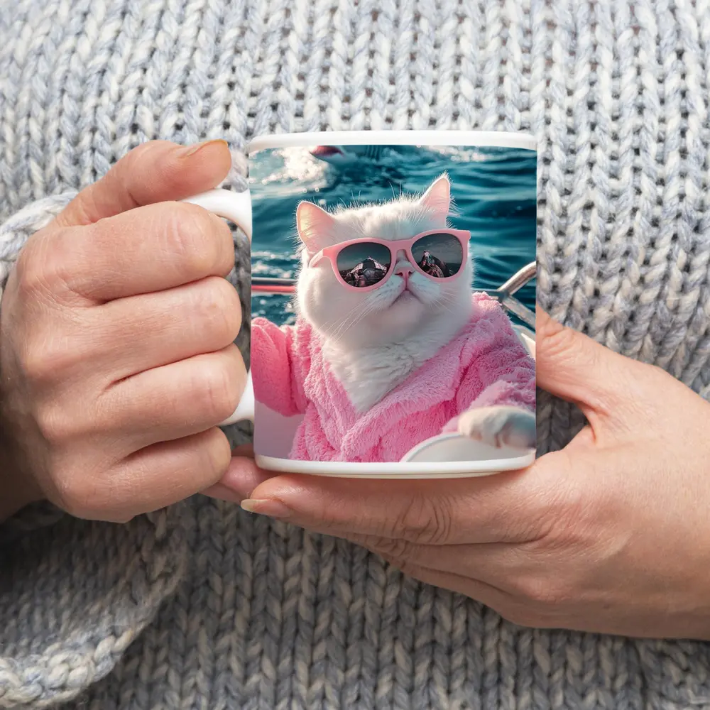White Cat Pink Robe Sunglasses Ocean Shark – Mugs