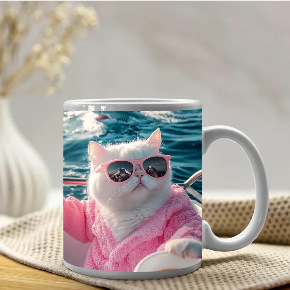White Cat Pink Robe Sunglasses Ocean Shark – Mugs