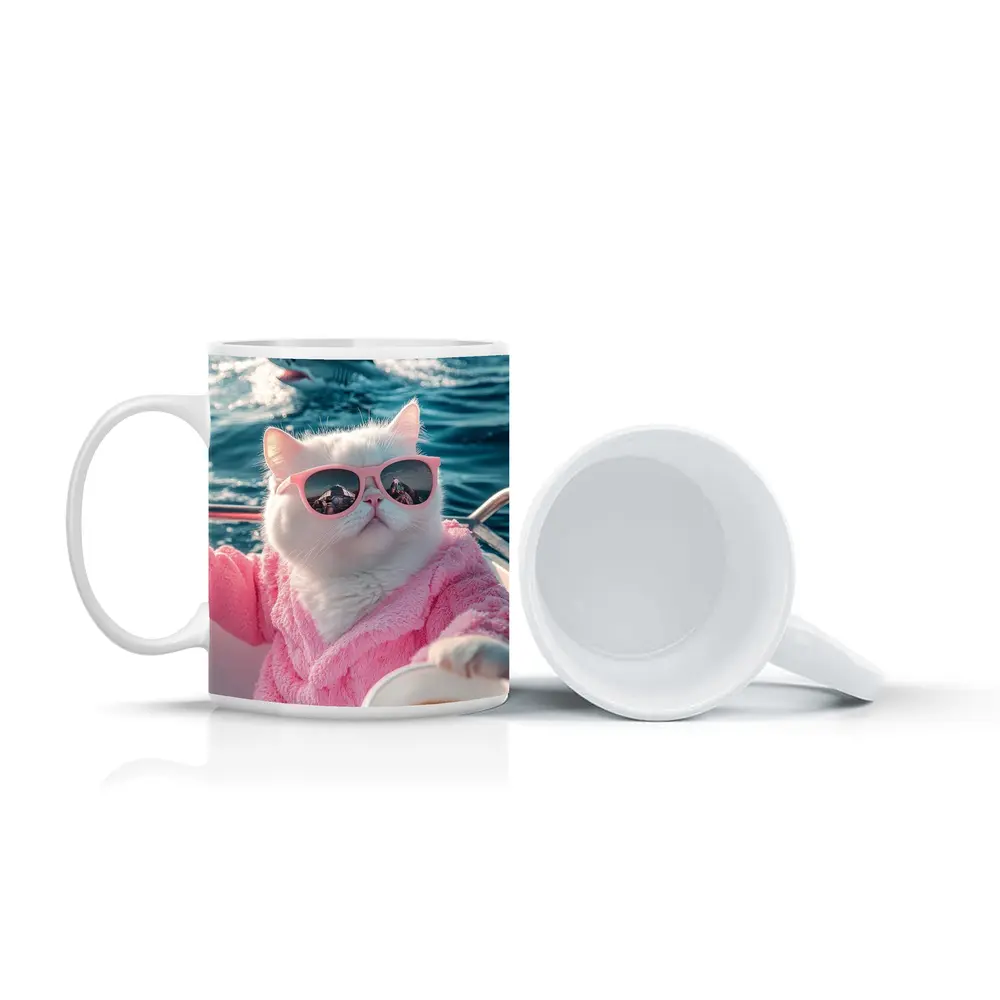 White Cat Pink Robe Sunglasses Ocean Shark – Mugs