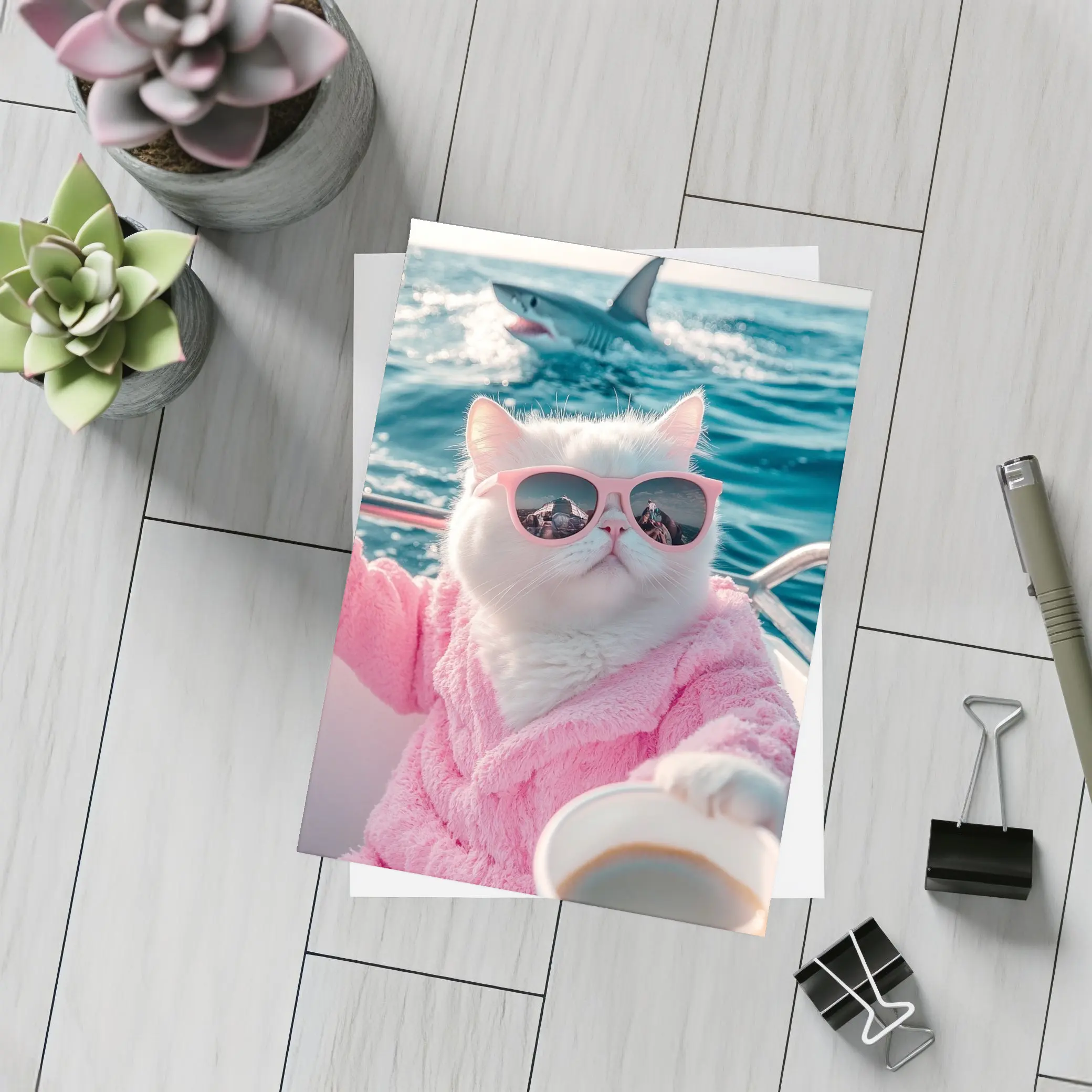 White Cat Pink Robe Sunglasses Ocean Shark – Postcards
