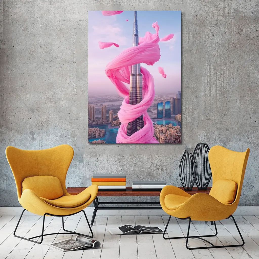 Burj Khalifa Wrapped Pink Silk Dubai Skyline – Wall Art
