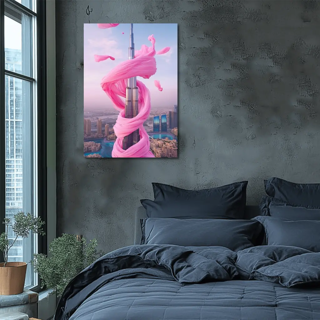 Burj Khalifa Wrapped Pink Silk Dubai Skyline – Wall Art