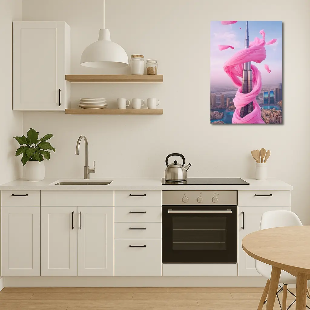 Burj Khalifa Wrapped Pink Silk Dubai Skyline – Wall Art