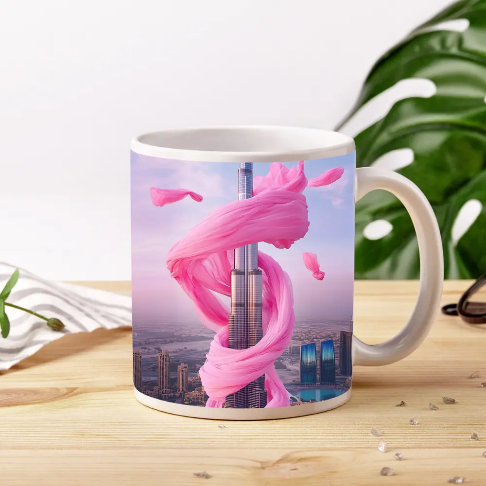 Burj Khalifa Wrapped Pink Silk Dubai Skyline – Mugs