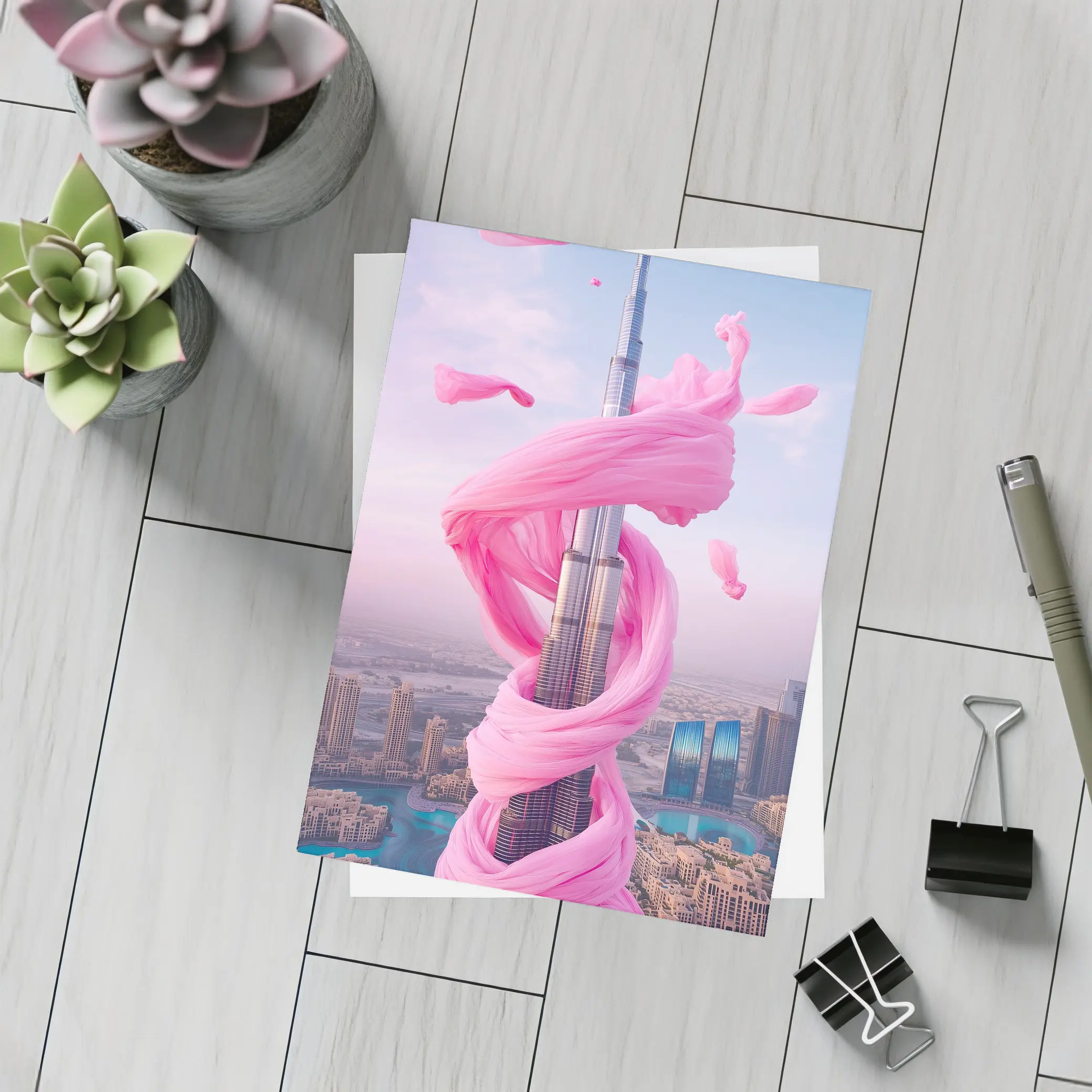Burj Khalifa Wrapped Pink Silk Dubai Skyline – Postcards