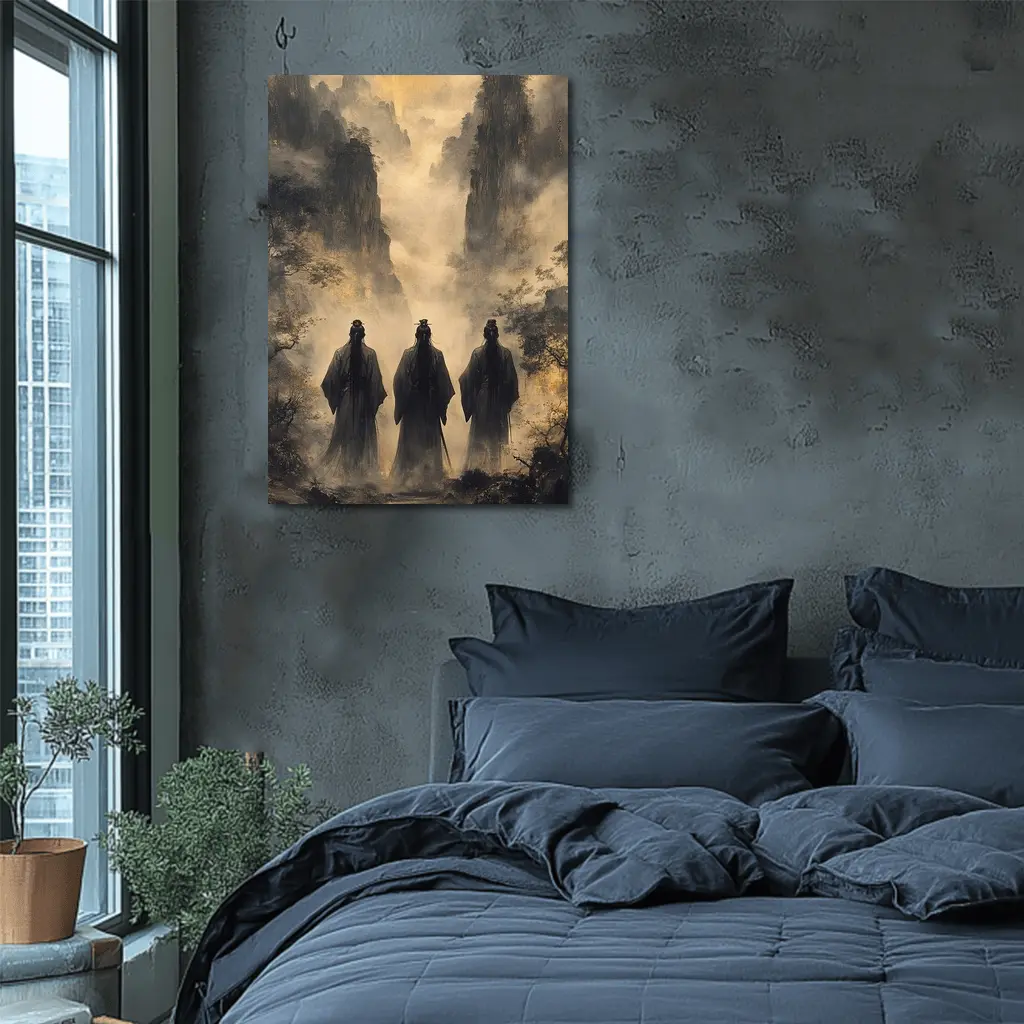 Three Scholars Walking Through Misty Mountains – Wall Art