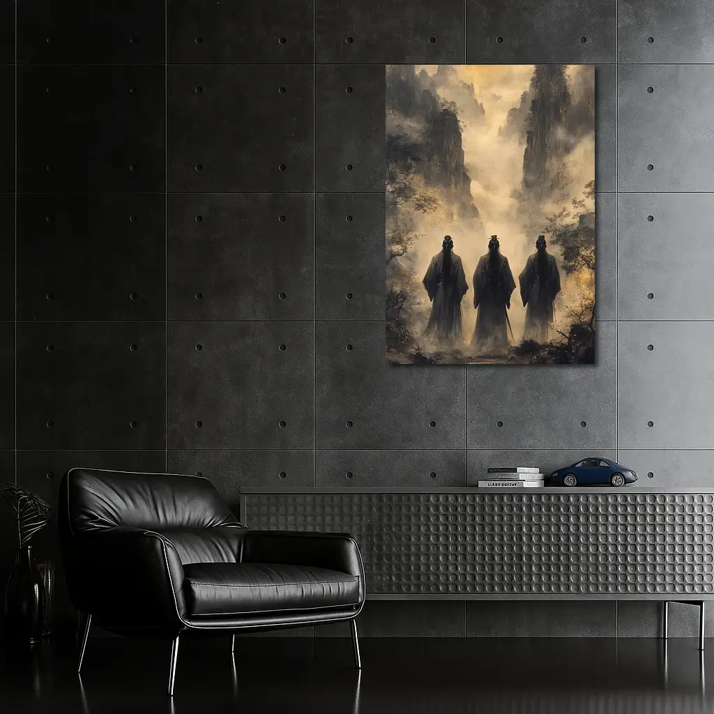 Three Scholars Walking Through Misty Mountains – Wall Art