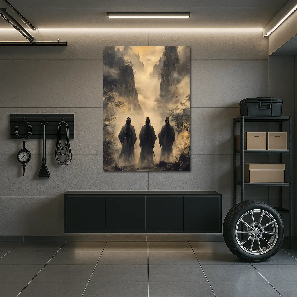 Three Scholars Walking Through Misty Mountains – Wall Art