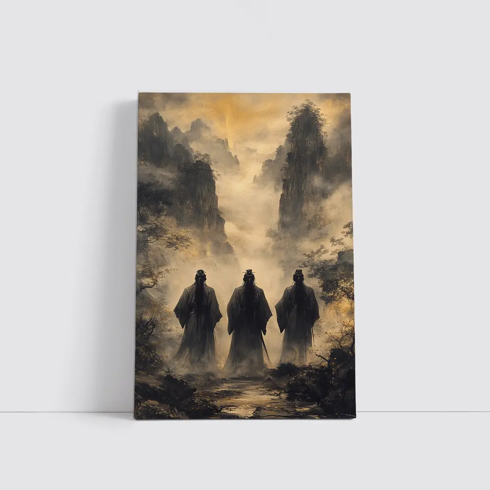 Three Scholars Walking Through Misty Mountains – Wall Art