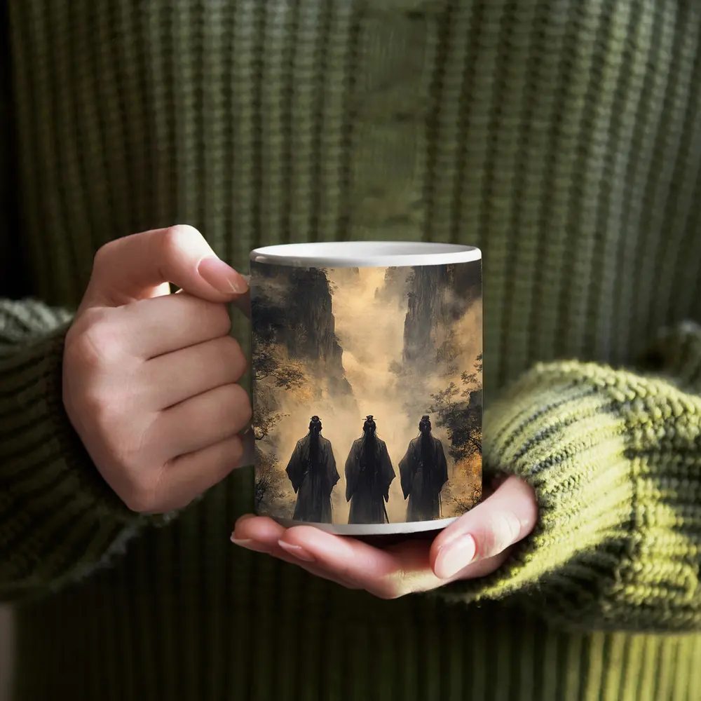 Three Scholars Walking Through Misty Mountains – Mugs