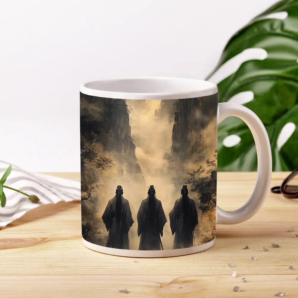 Three Scholars Walking Through Misty Mountains – Mugs